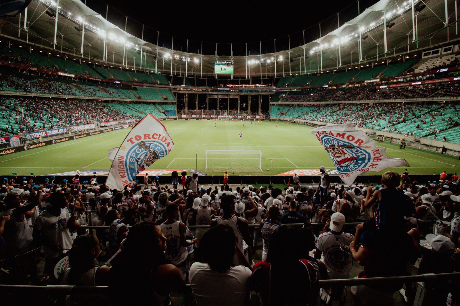 Free stock photo of an energetic soccer crowd at a night stadium