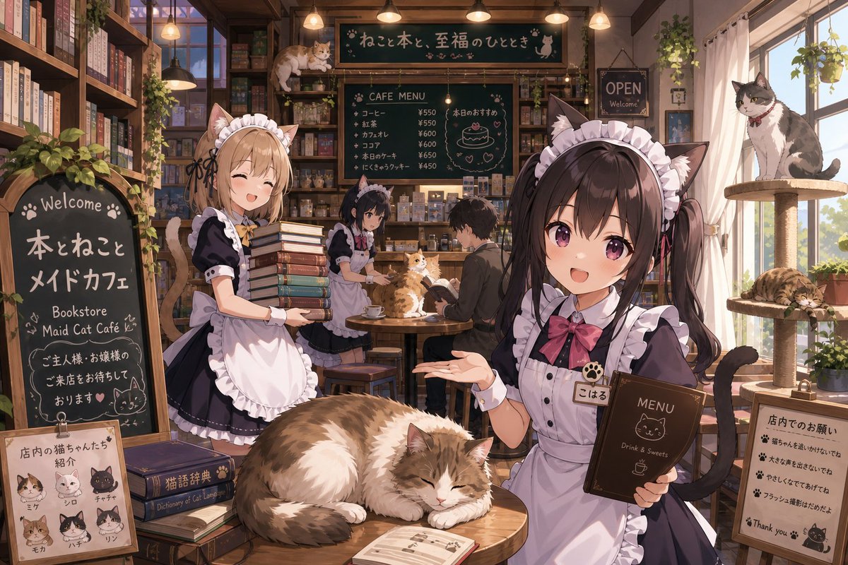 Anime Style Bookstore Maid Cat Cafe GPT Image 2 preview