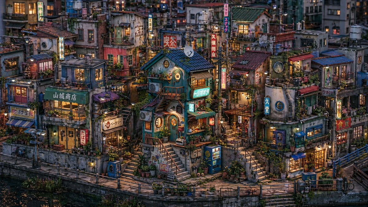 黄昏时分的复古日式运河微缩景观 GPT Image 2 preview