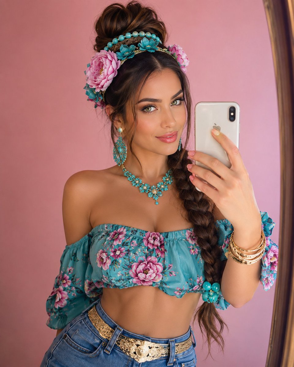 Girl Mirror Selfie with Turquoise Floral Details GPT Image 2 preview