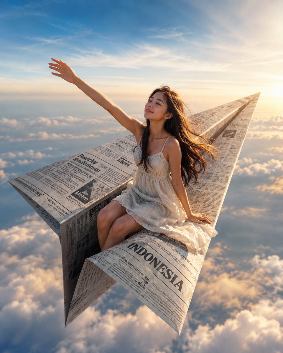 Indonesian woman on newspaper airplane over ocean GPT Image 2 preview