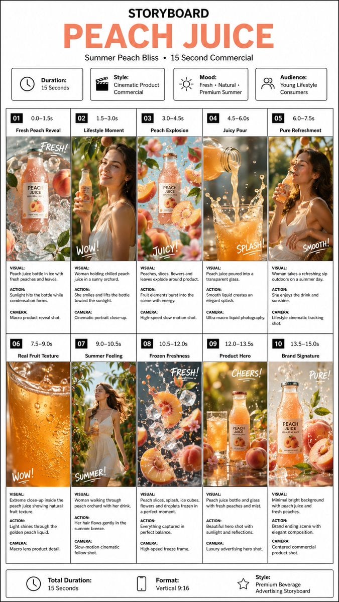 Luxury Peach Juice Commercial Storyboard GPT Image 2 preview