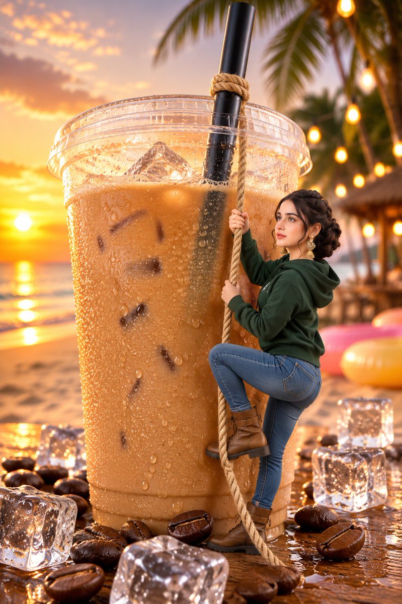 Miniature woman climbing coffee straw GPT Image 2 preview