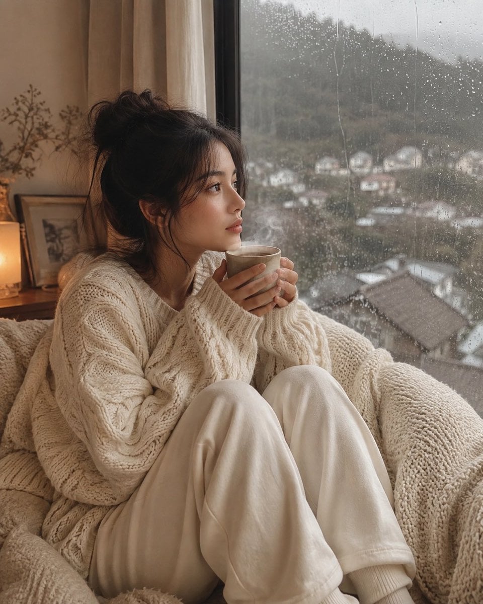 Woman with Mug on Knit Sofa Cinematic Portrait GPT Image 2 preview