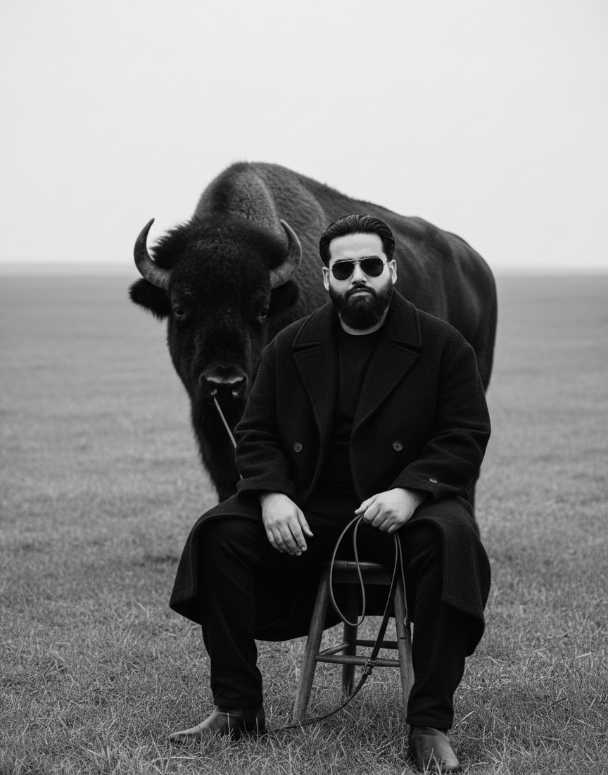 A Person with Bison in open field Nano Banana Pro preview image