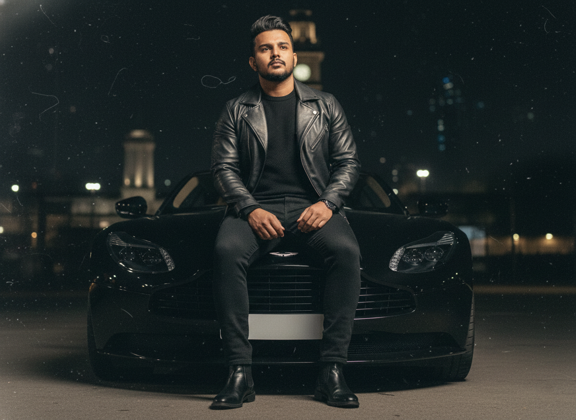 Young man sitting confidently on the hood of a luxury sports car. Nano Banana Pro preview image