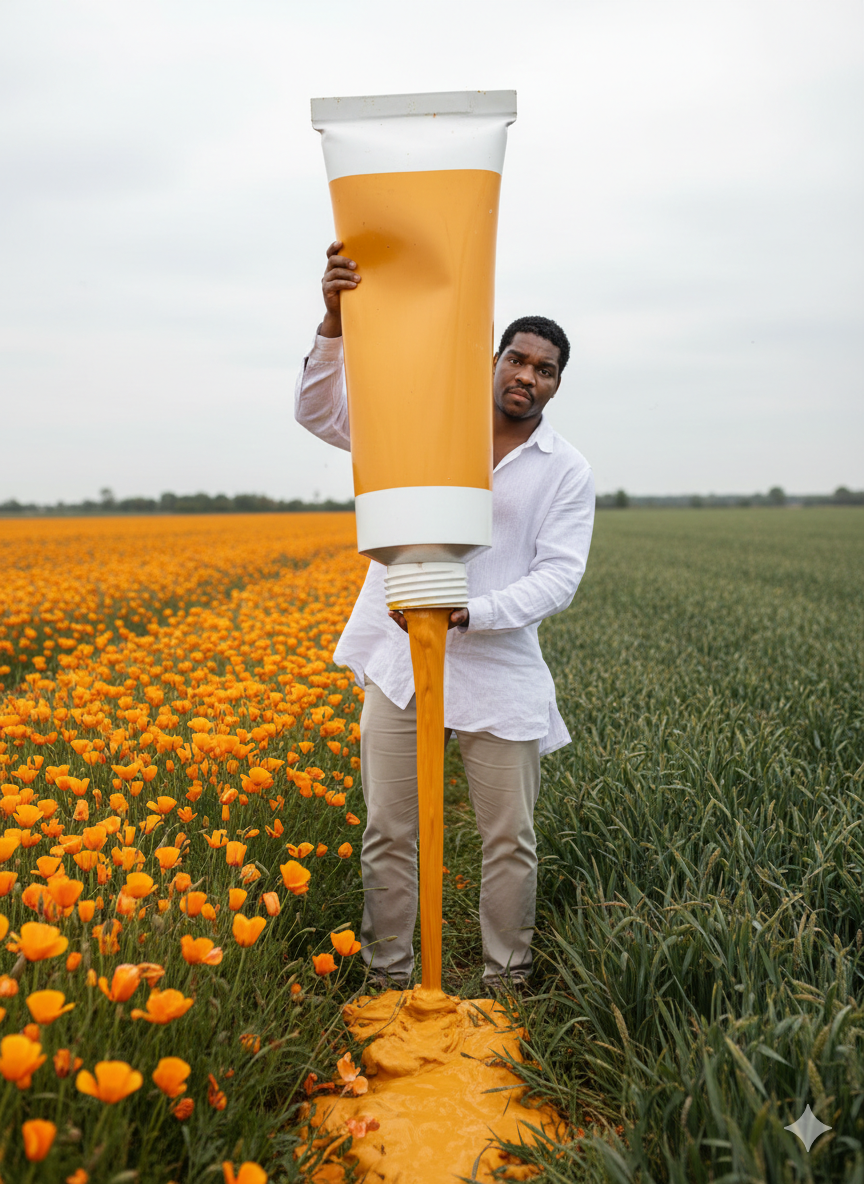 The paint tube is a warm, vibrant orange-yellow Nano Banana Pro preview image