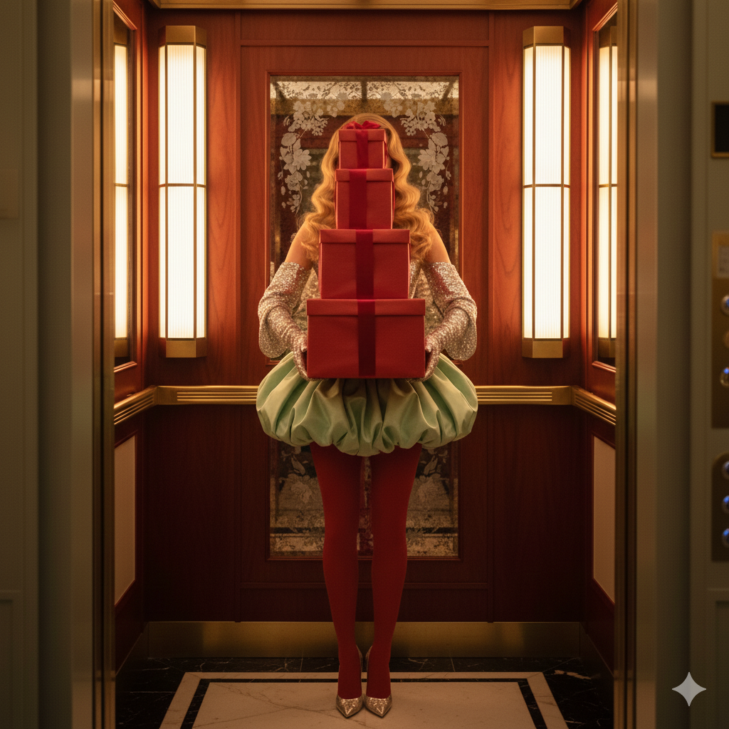 Woman with Christmas gifts in elevator Nano Banana Pro preview image