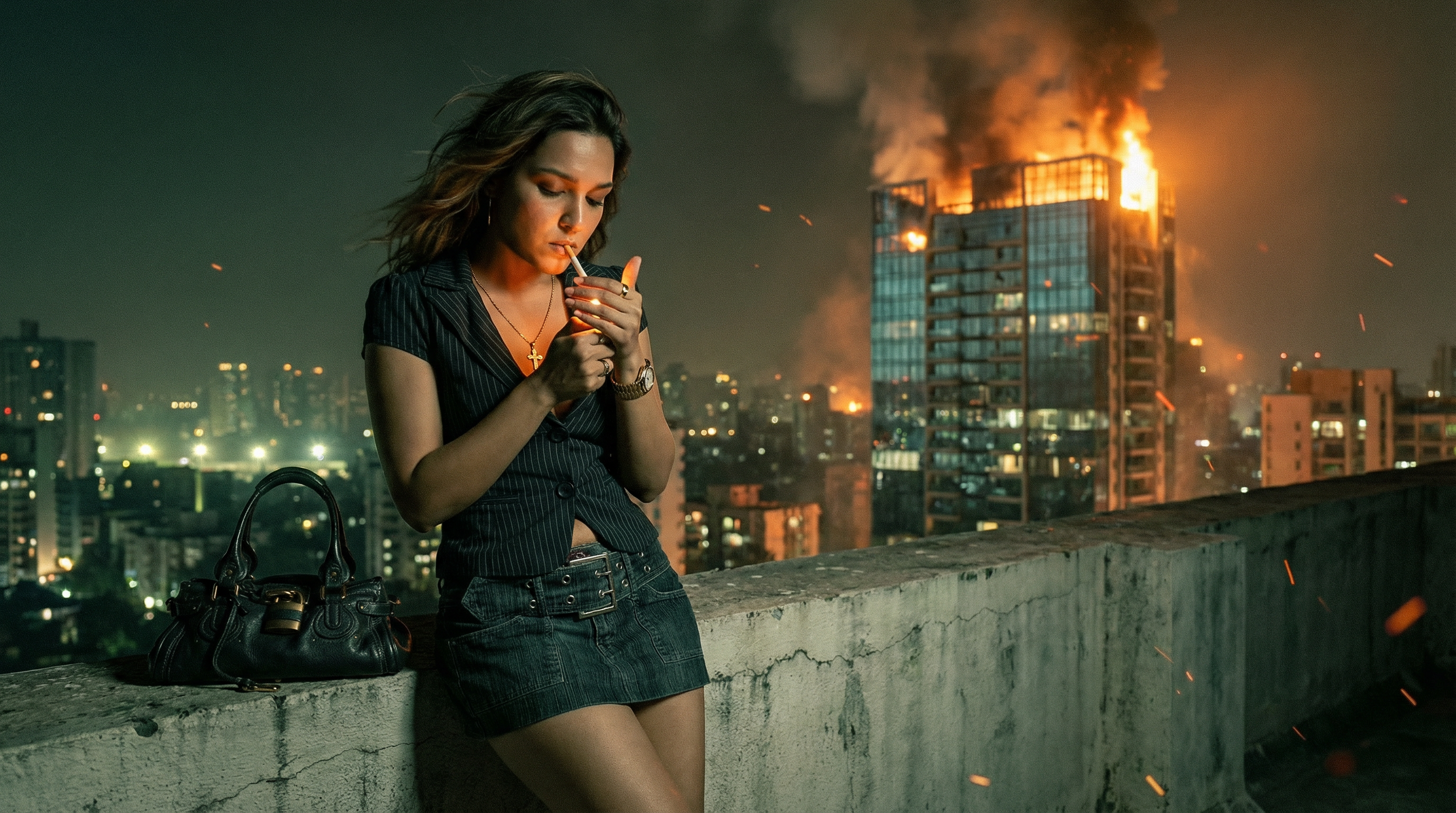 Cinematic building burning. Nano Banana Pro preview image