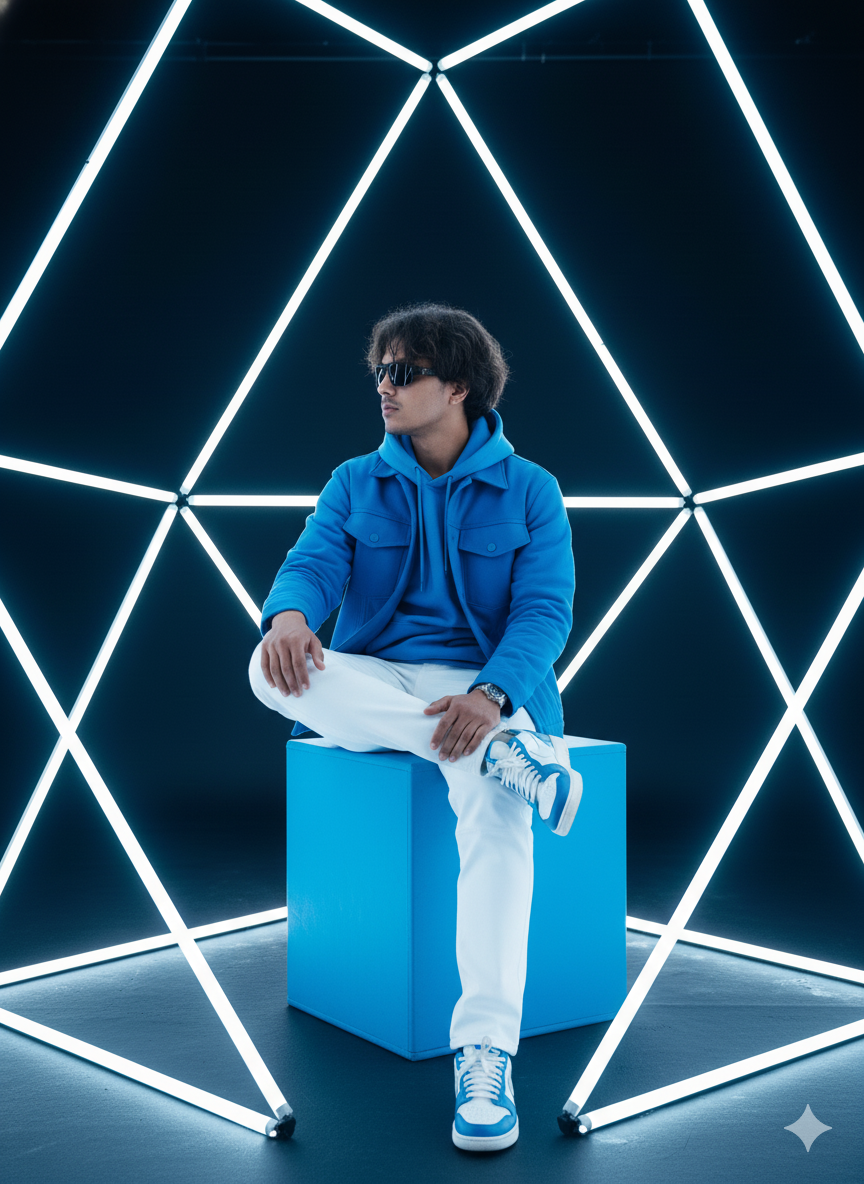 Retrato Masculino em Ambiente Neon com Estética Futurista e Composição Geométrica Nano Banana Pro preview image