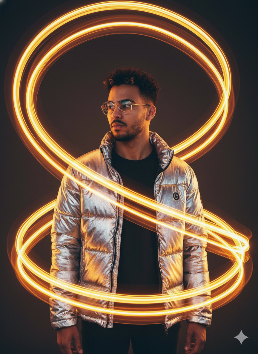 Prompt Editorial — Retrato Masc. em Ambiente Escuro com Estética de Luz Cinética e Moda Techwear Nano Banana Pro preview image