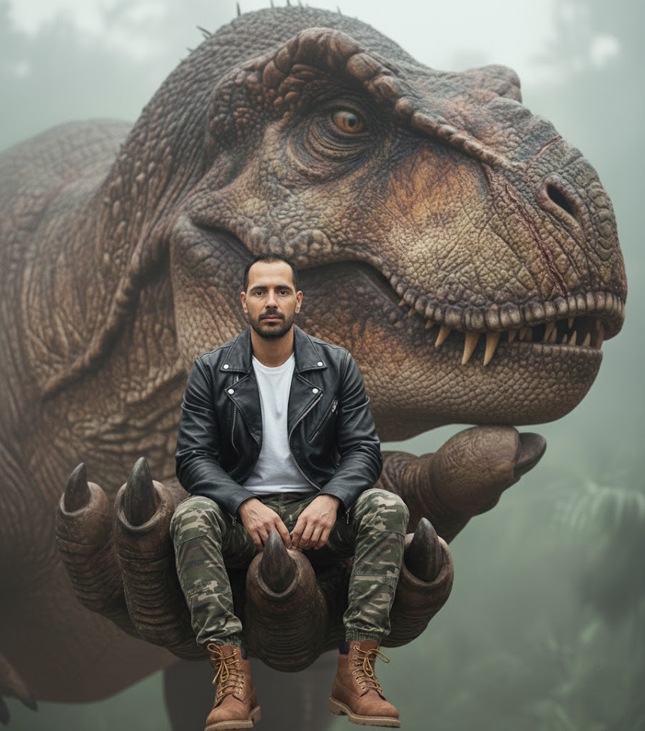 The Brave Man in the Dinosaur's Palm: A Cinematic Realistic Portrait in the Heart of the Jungle Nano Banana Pro preview image