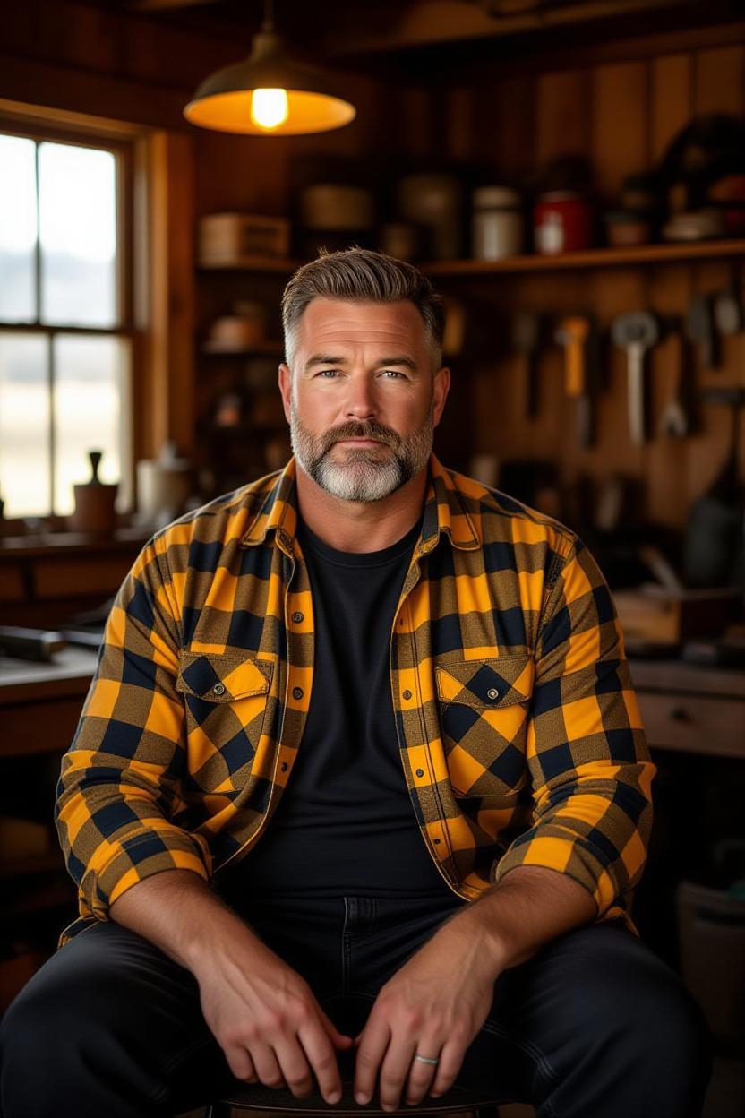A Man Workshop Vibe – Plaid Shirt Nano Banana Pro preview image