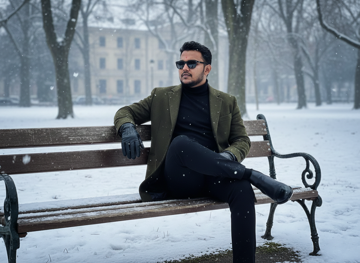 Vintage wooden bench in a winter park photoshoot. Nano Banana Pro preview image