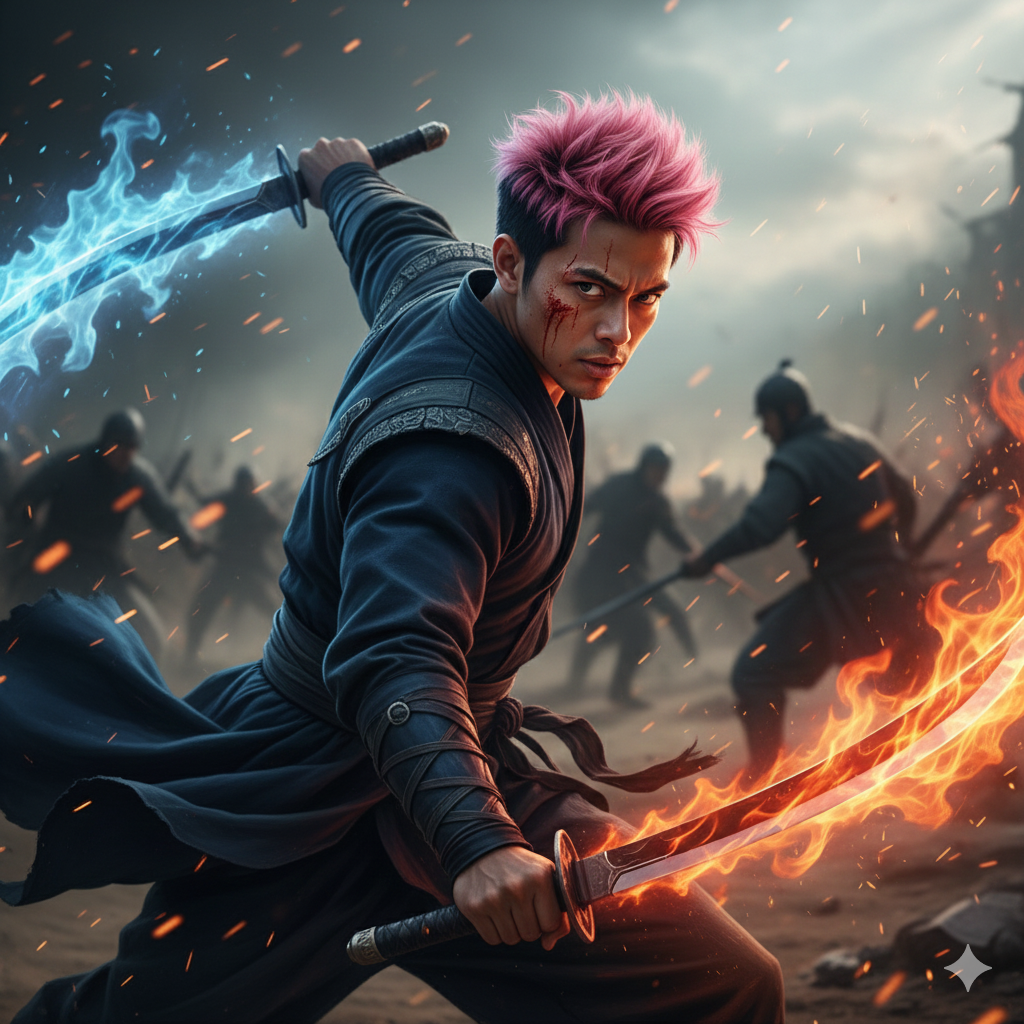 Fiery sword fighting action Nano Banana Pro preview image