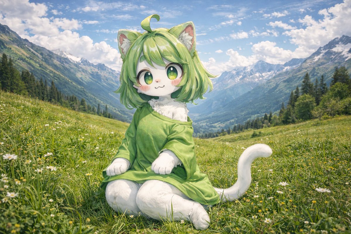 Anime Cat-Girl in Realistic Alpine Meadow preview image