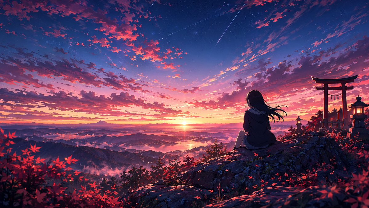 Anime Sunset Mountain Landscape preview image