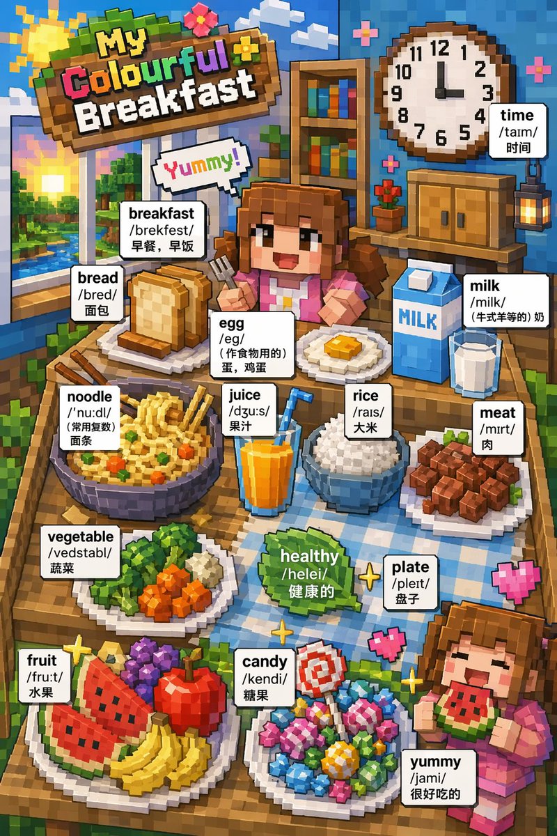 Voxel Art Bilingual Breakfast Vocabulary Poster preview image