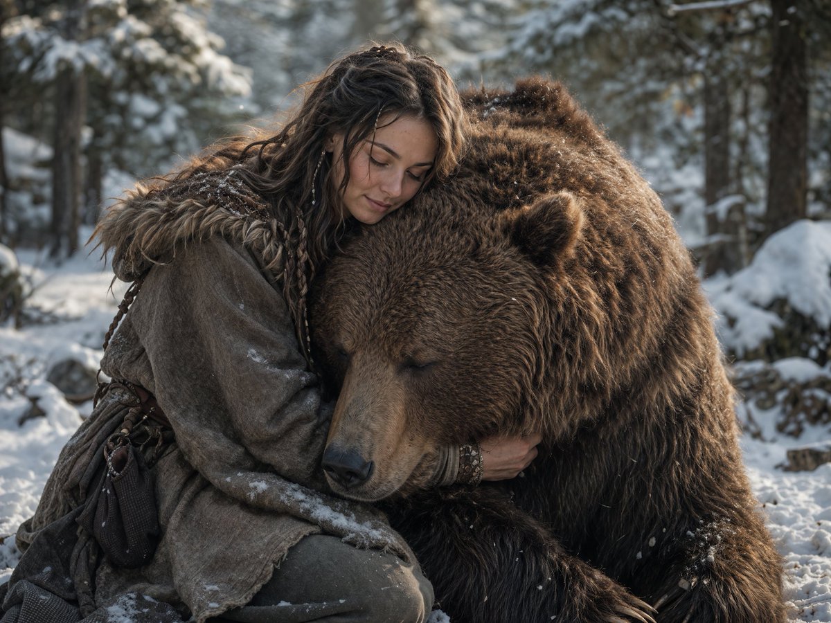 Woman Embracing a Bear in Winter preview image