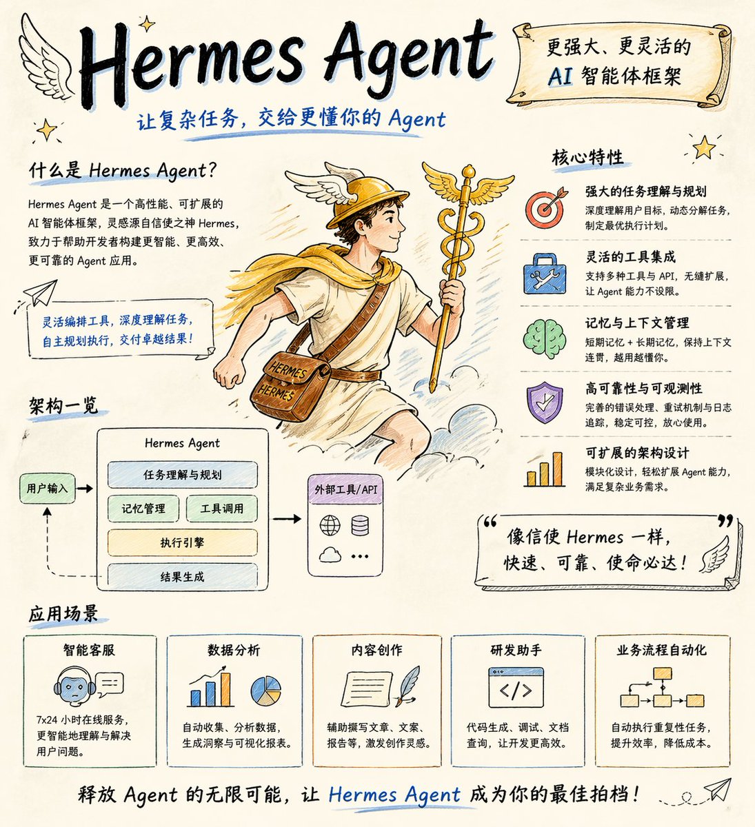 Hand-drawn Hermes Agent Poster preview image