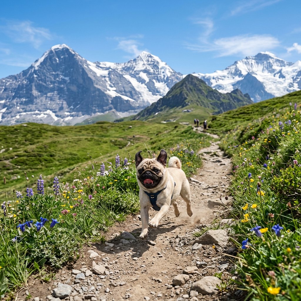 Pug Running on Alpine Trail preview image
