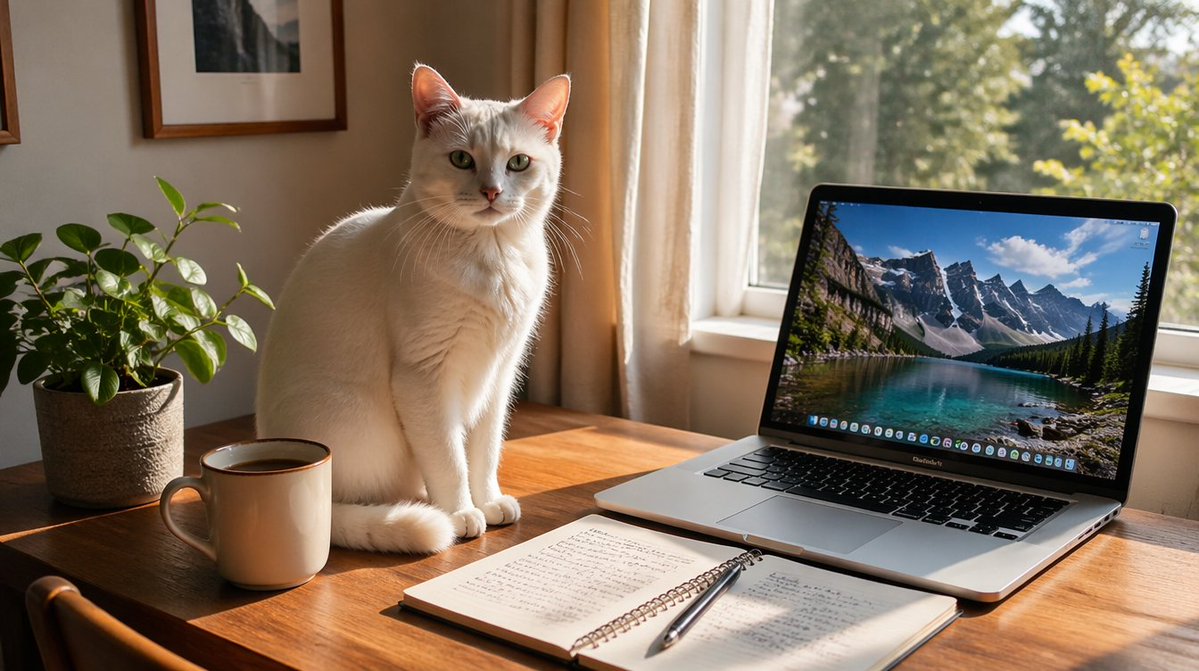 Sunlit Desk with White Cat and Laptop preview image