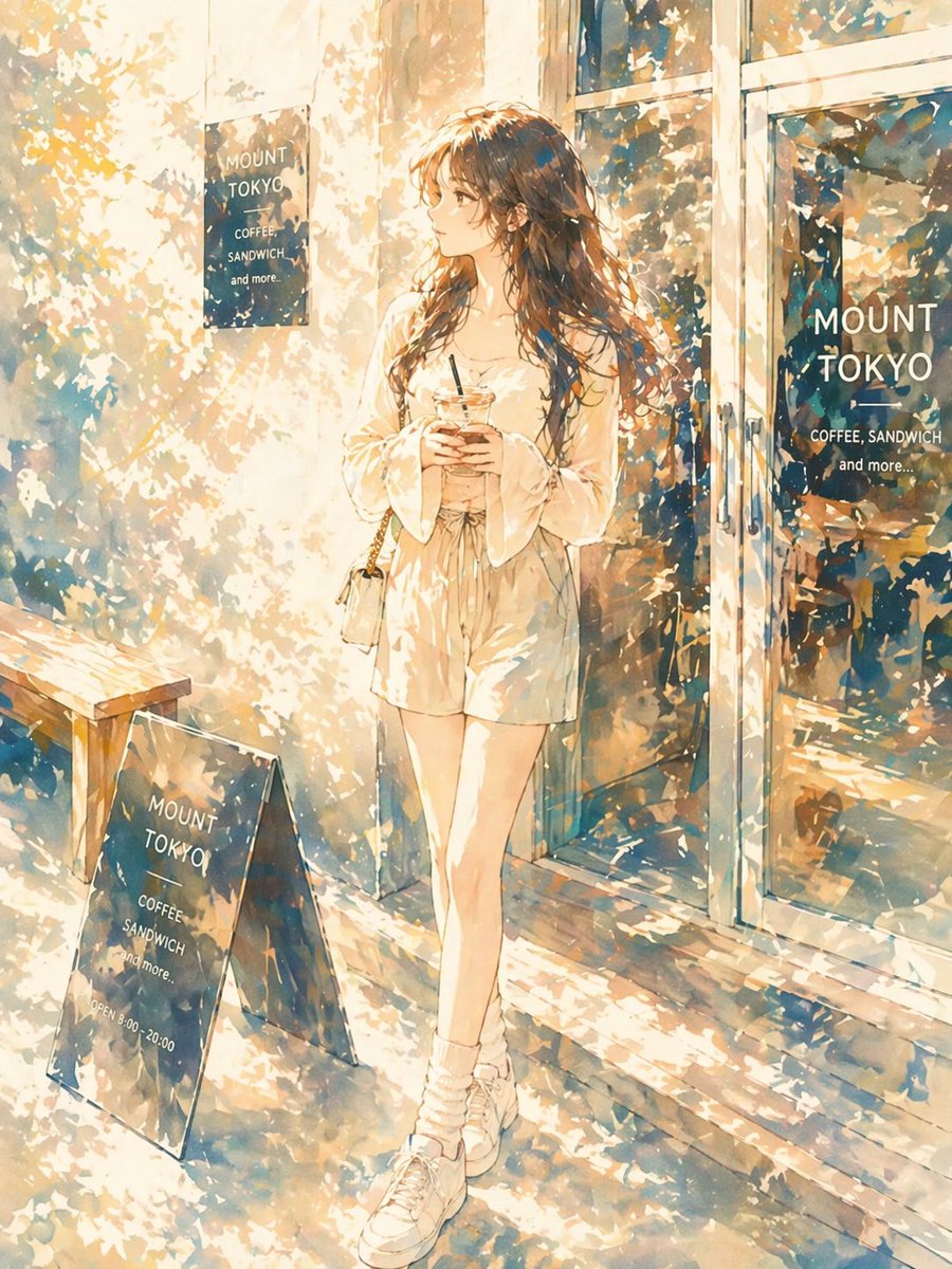 Sunlit Anime Girl Outside Cafe preview image