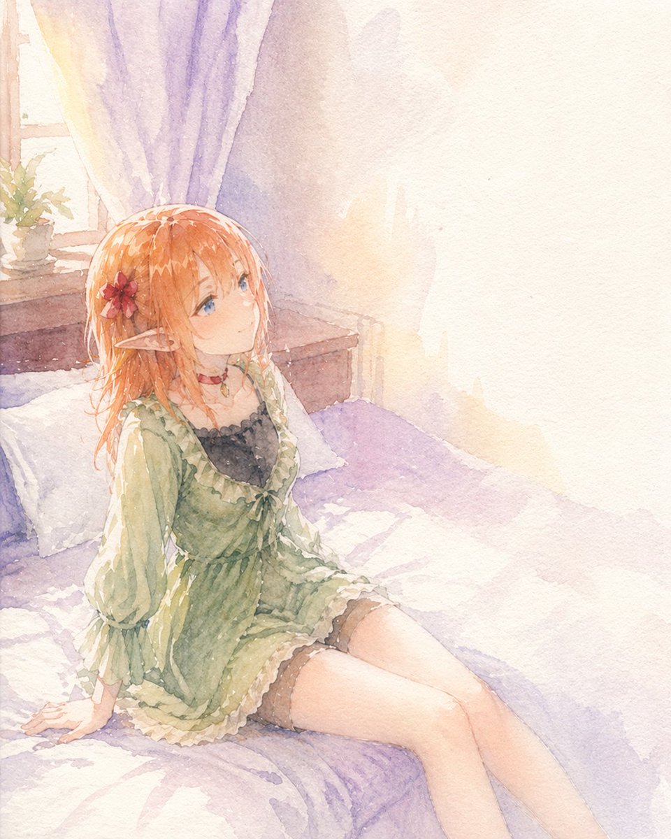 Watercolor Elf Girl on Sunlit Bed preview image