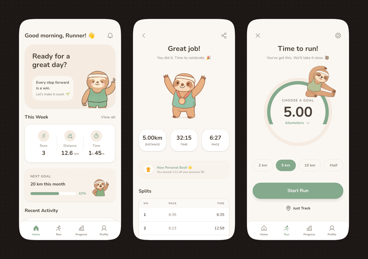 Pastel Running App UI with Sloth Mascot preview image
