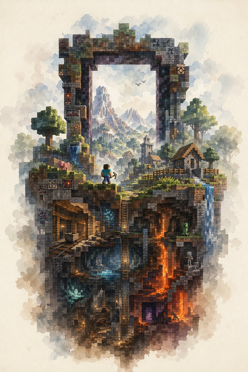 Watercolor Minecraft World Cross-Section preview image