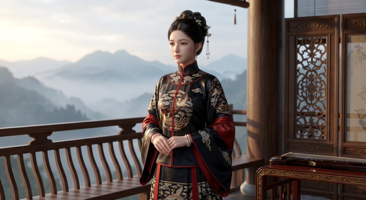 Cinematic Wuxia Heroine on Mountain Balcony preview image