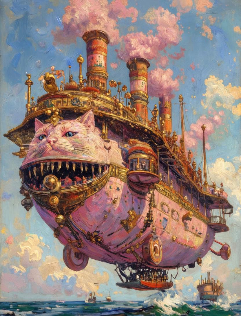 Steampunk Cat Airship Over the Sea preview image