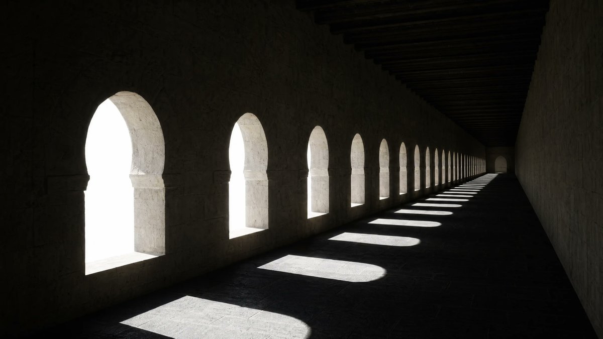 Dramatic Stone Corridor With Arched Windows preview image