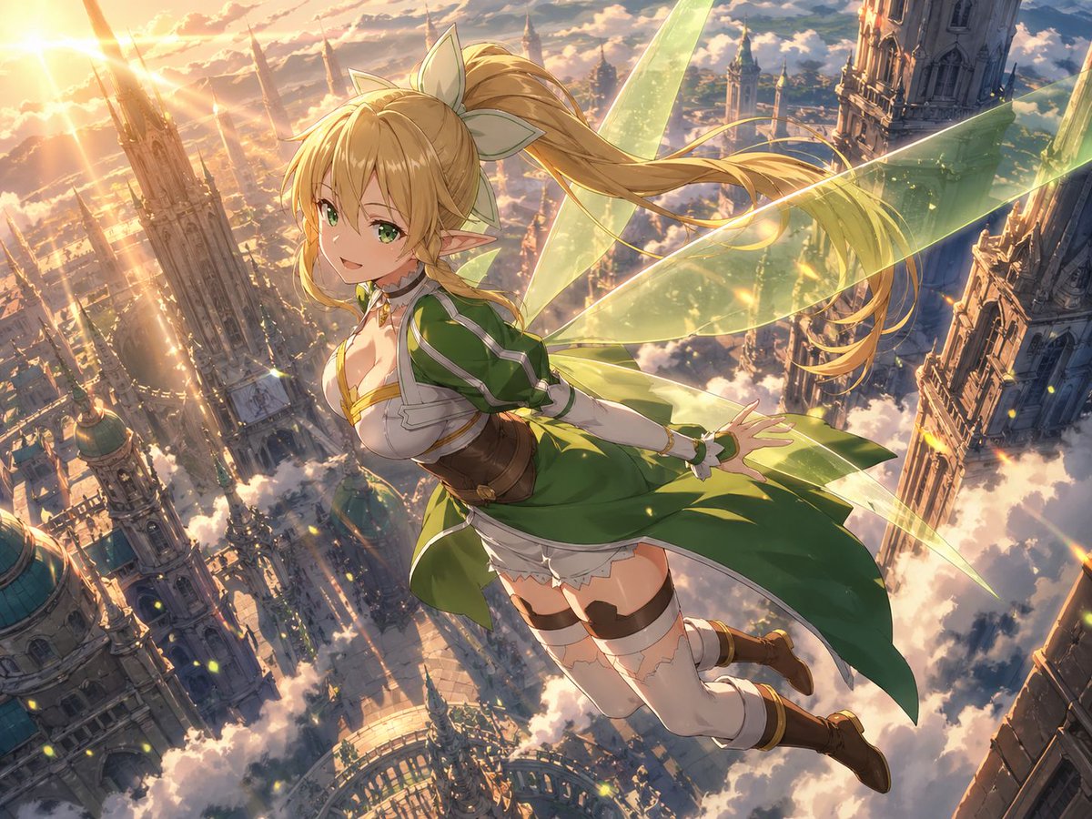 Leafa Flying Above a Golden Sky City preview image