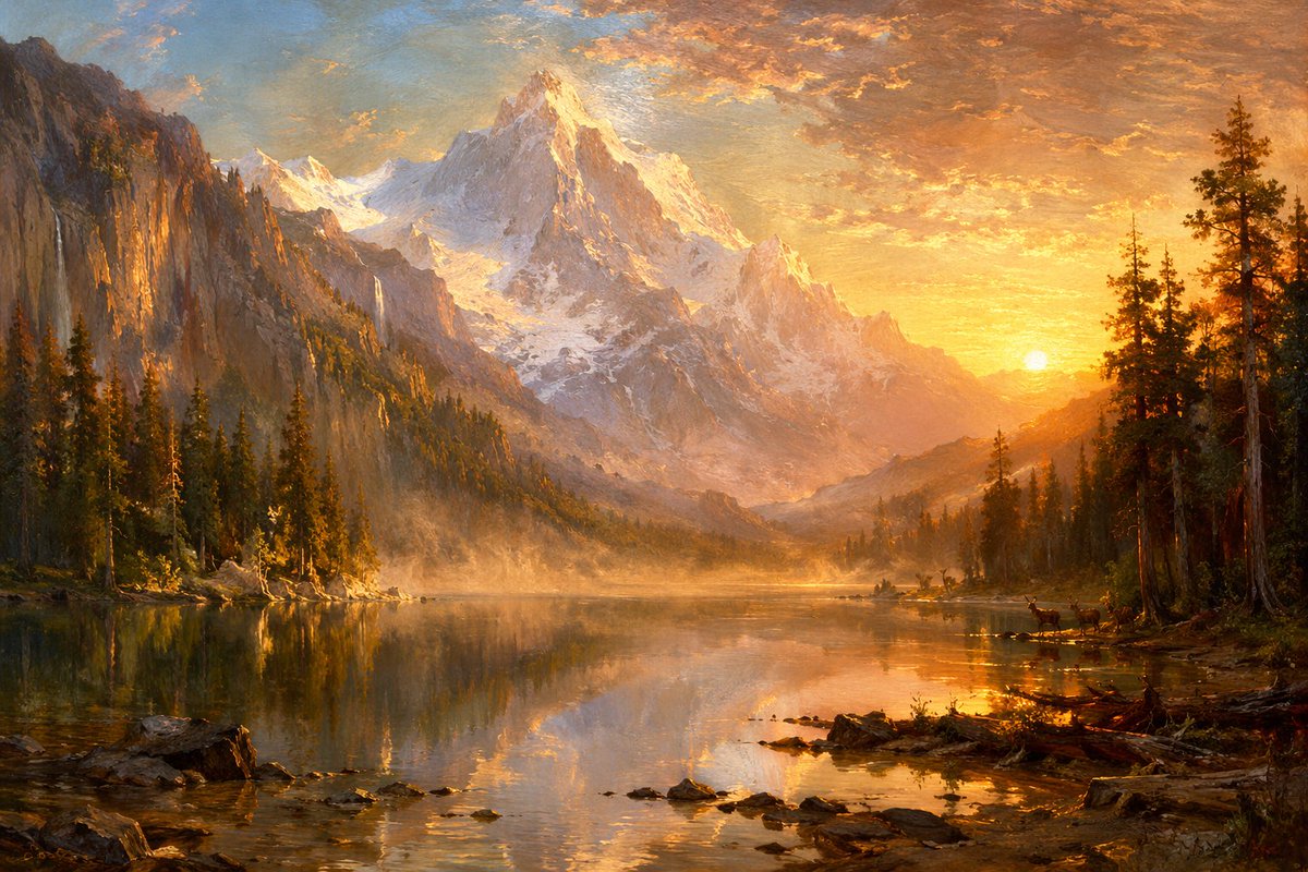 Sunset Alpine Lake Oil Painting preview image