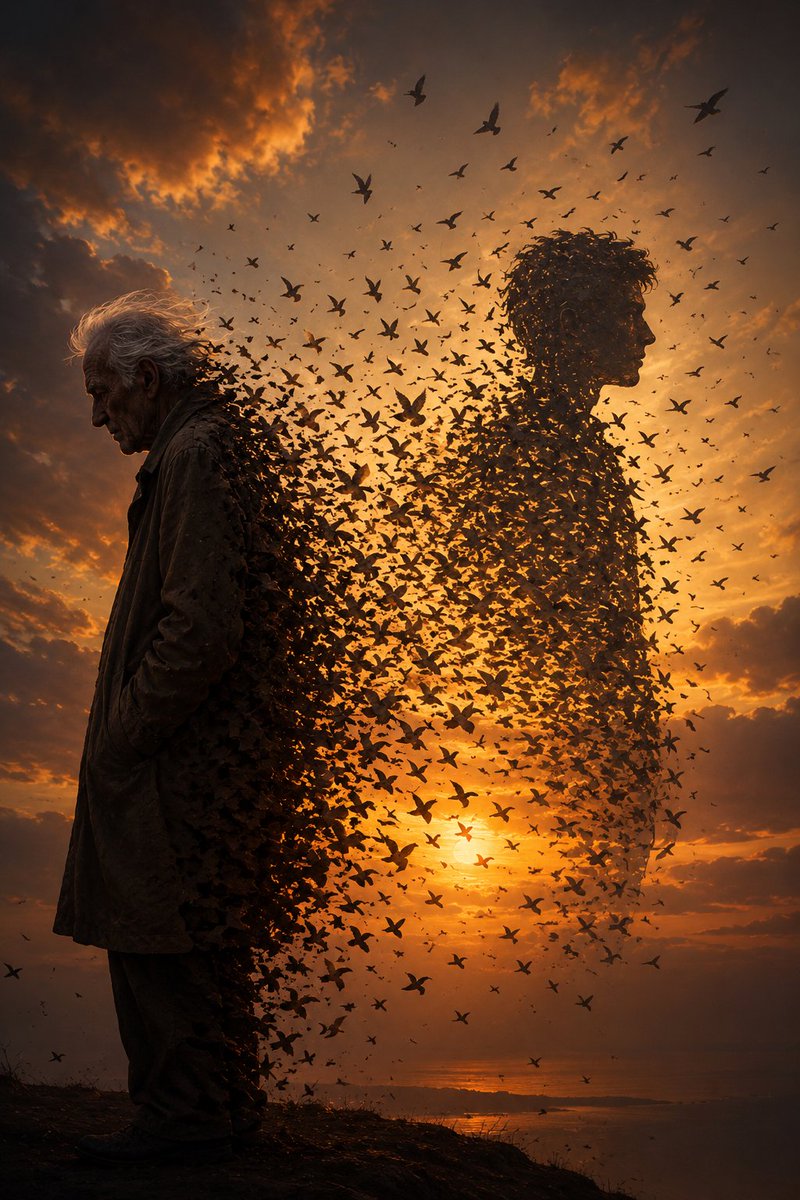 Elderly Man Dissolving Into Birds preview image