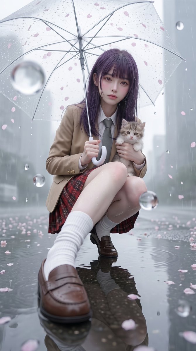 Rainy Sakura Schoolgirl Portrait preview image