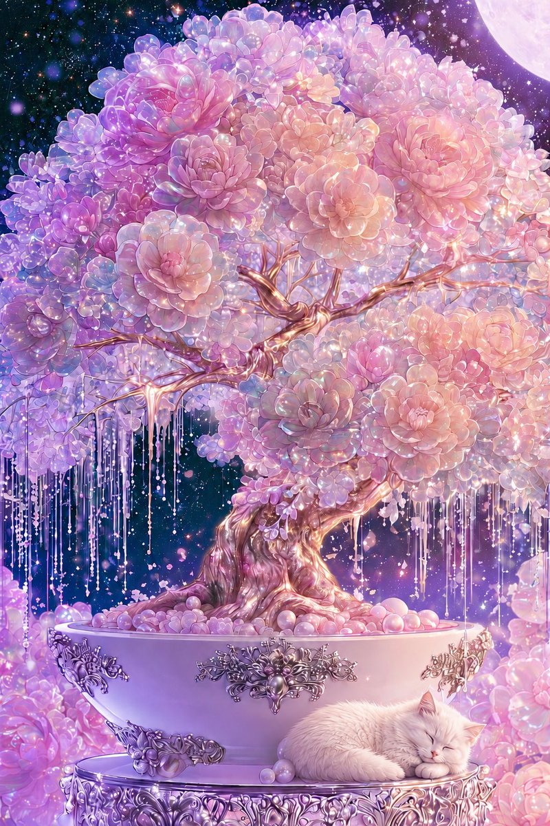 Cosmic Flowering Bonsai with Sleeping Cat preview image