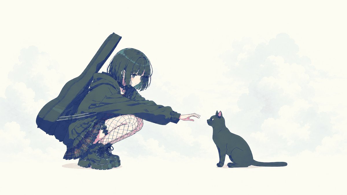Anime Girl Reaching Toward Cat preview image