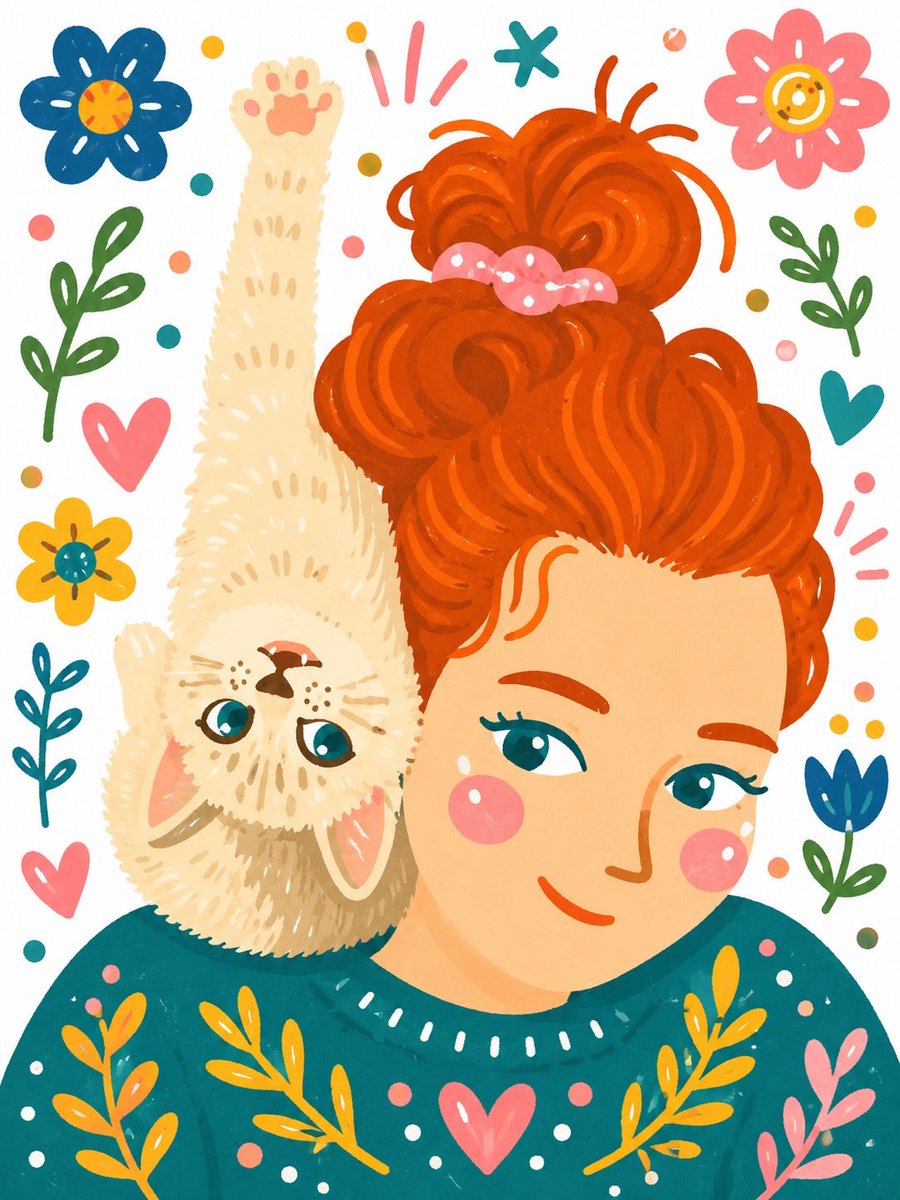 Whimsical Hand-Painted Girl with Kitten Illustration preview image