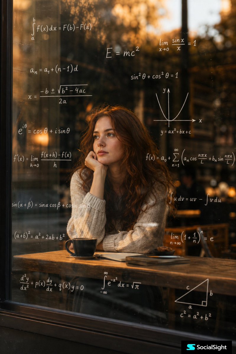 Thoughtful Woman Cafe Window Equations preview image