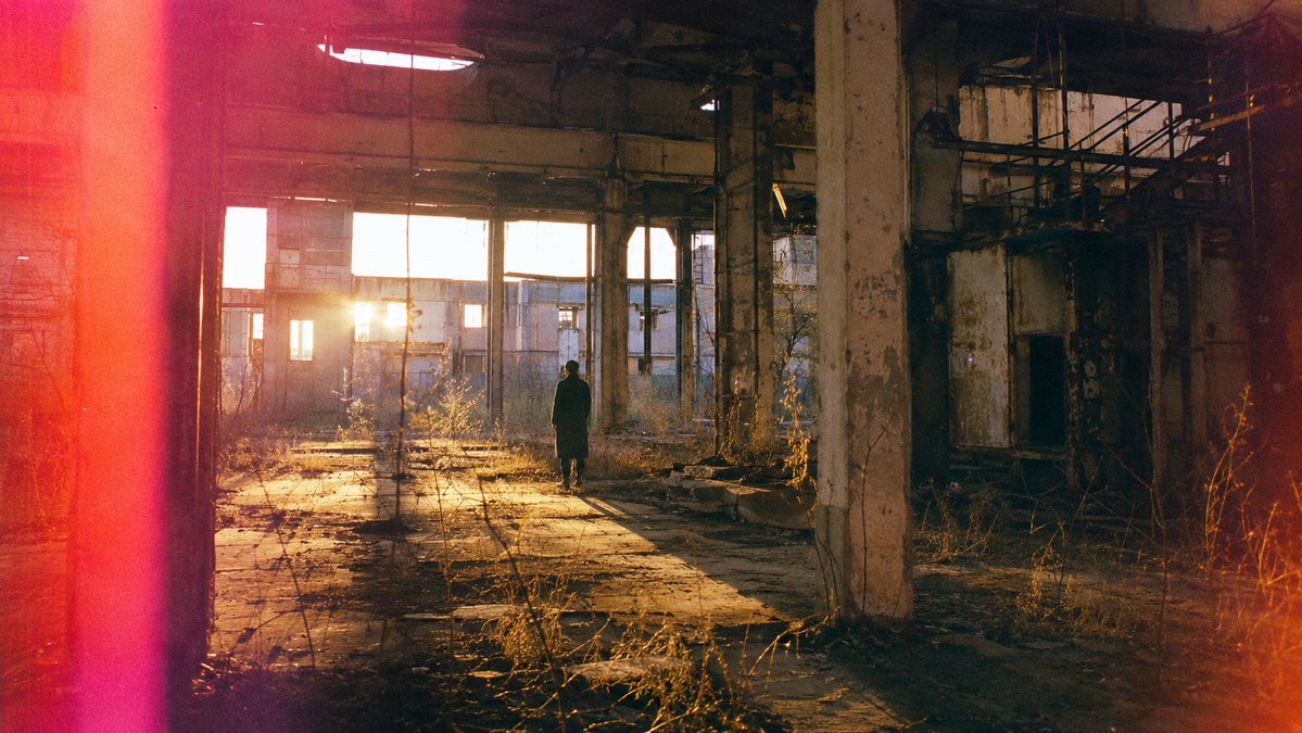 Lone Figure in Abandoned Warehouse preview image