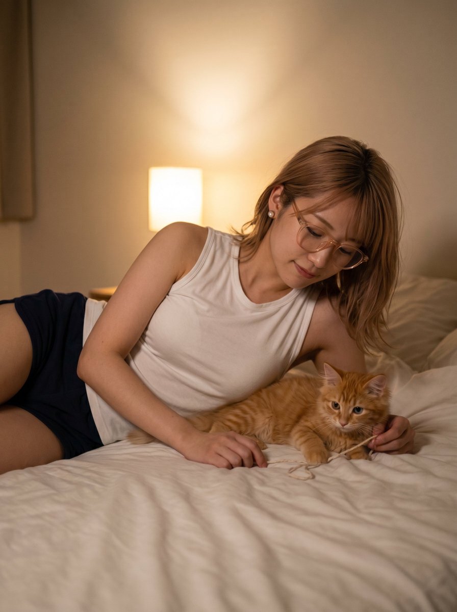 Cozy Bedroom Woman with Orange Kitten preview image