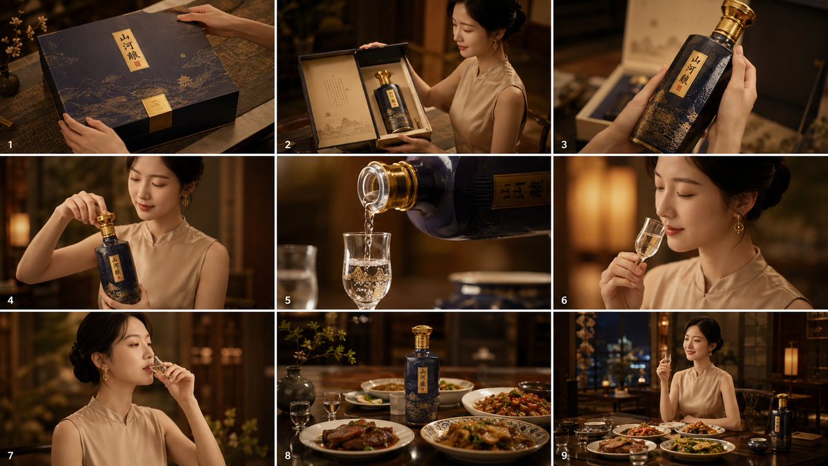 Cinematic Baijiu 9-Panel Storyboard preview image
