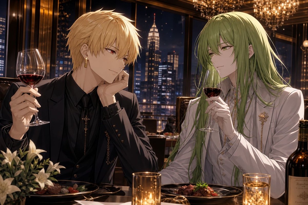 Elegant Anime Dinner with Two Fantasy Men preview image
