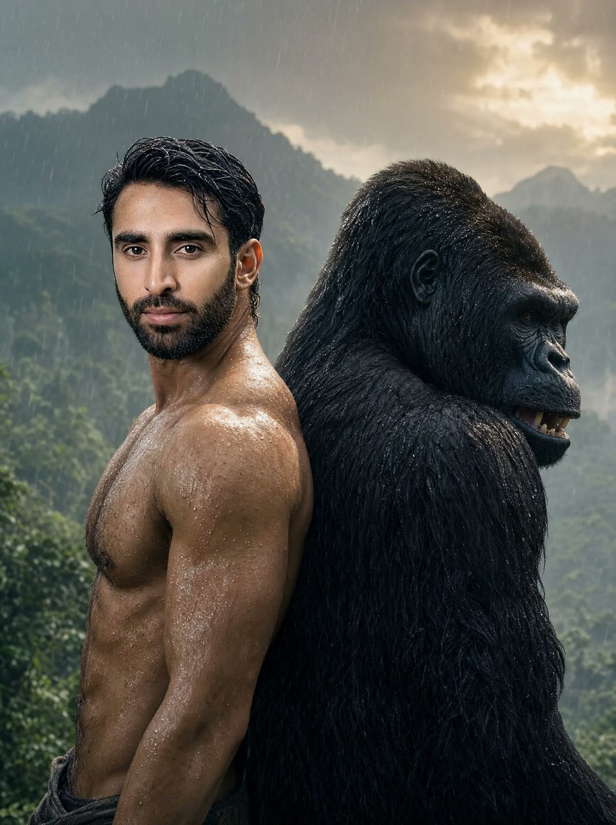 Rainy Jungle Man and Gorilla Portrait preview image