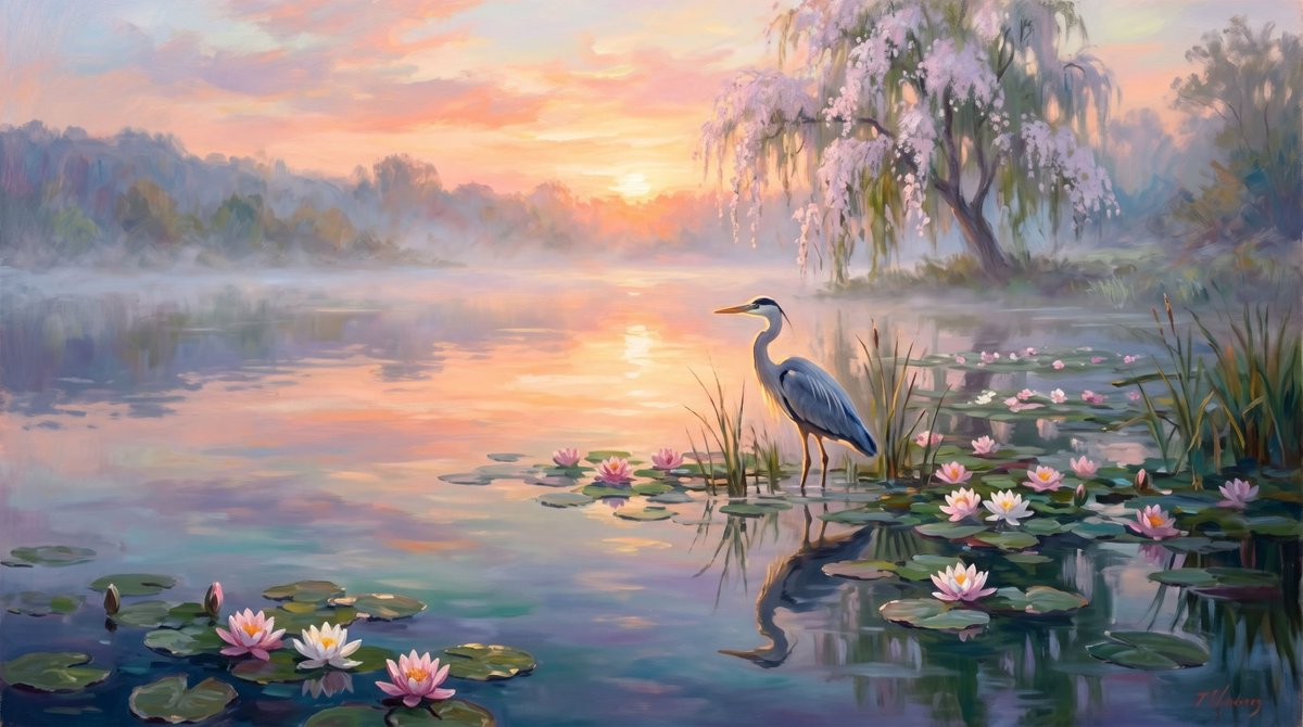 Peaceful Heron Lotus Pond Sunrise preview image