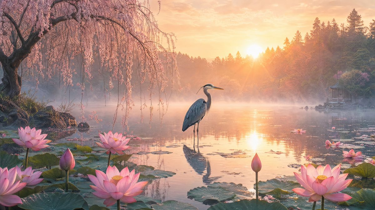 Misty Lotus Pond Heron Sunrise preview image