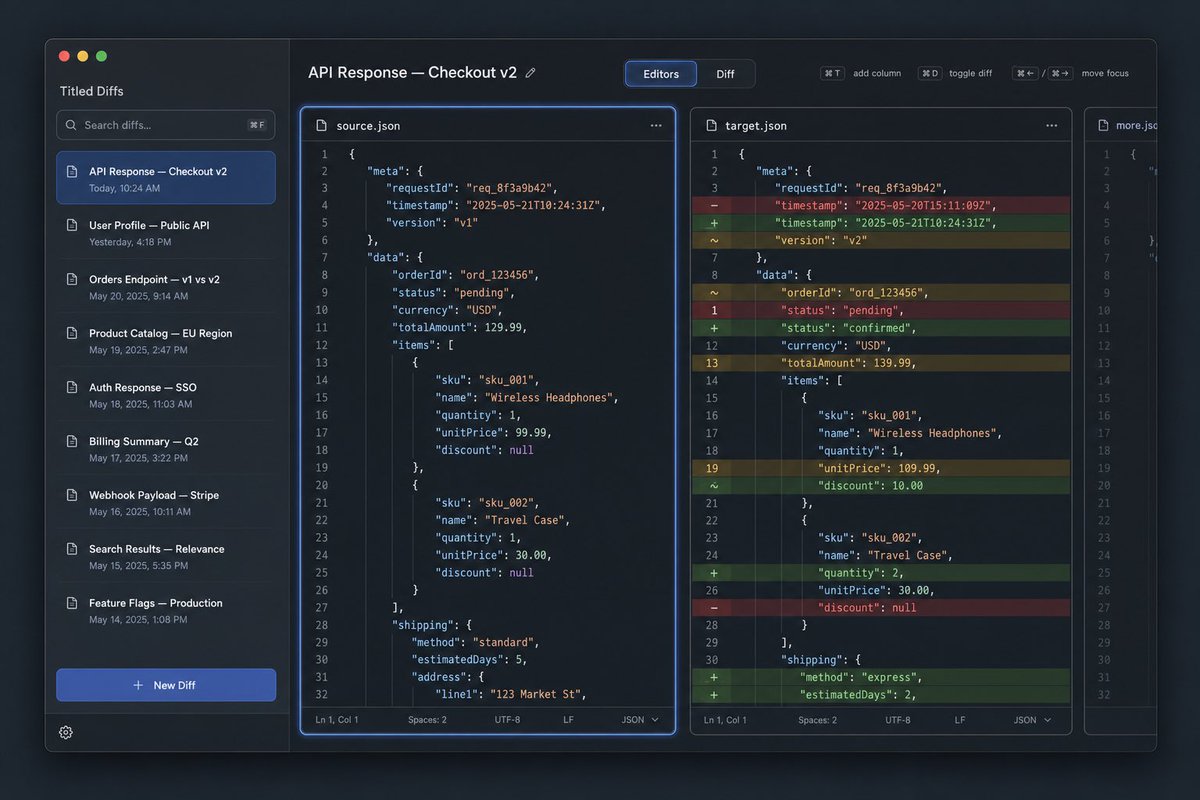 Dark JSON Diff Tool UI Mockup preview image