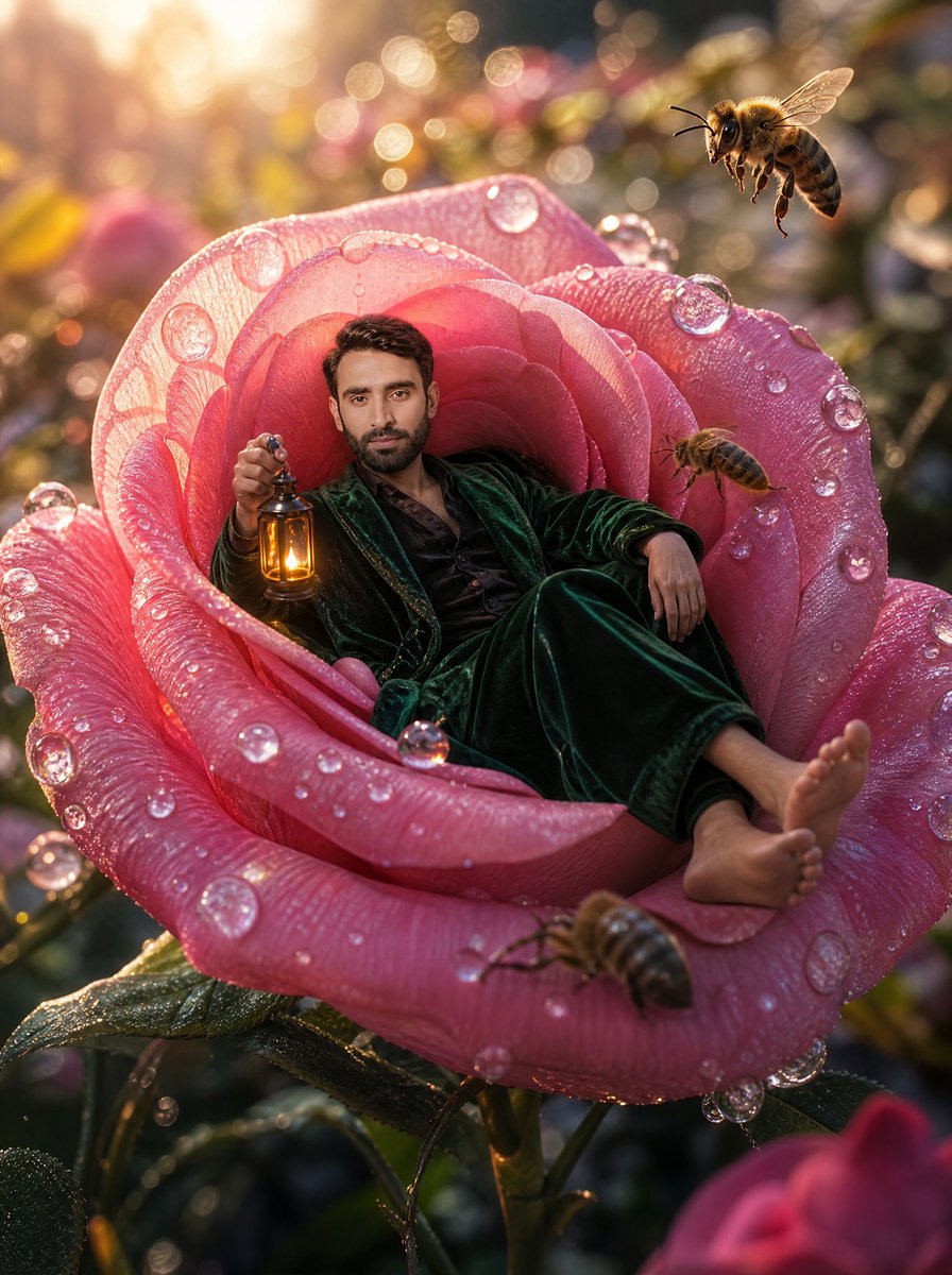 Tiny Man Lounging in Giant Rose preview image